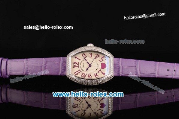 Franck Muller Heart Swiss Quartz Steel Case with Purple Leather Strap Diamond Bezel and White Dial - ETA Coating - Click Image to Close